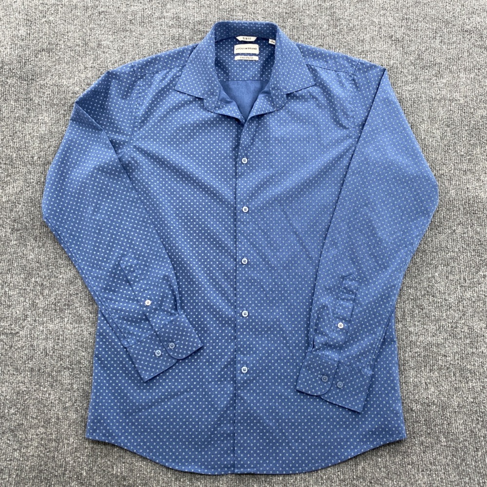 Lucky Brand Button Down Shirt Mens M Blue 4-Way Stretch Slim Fit Office Preppy